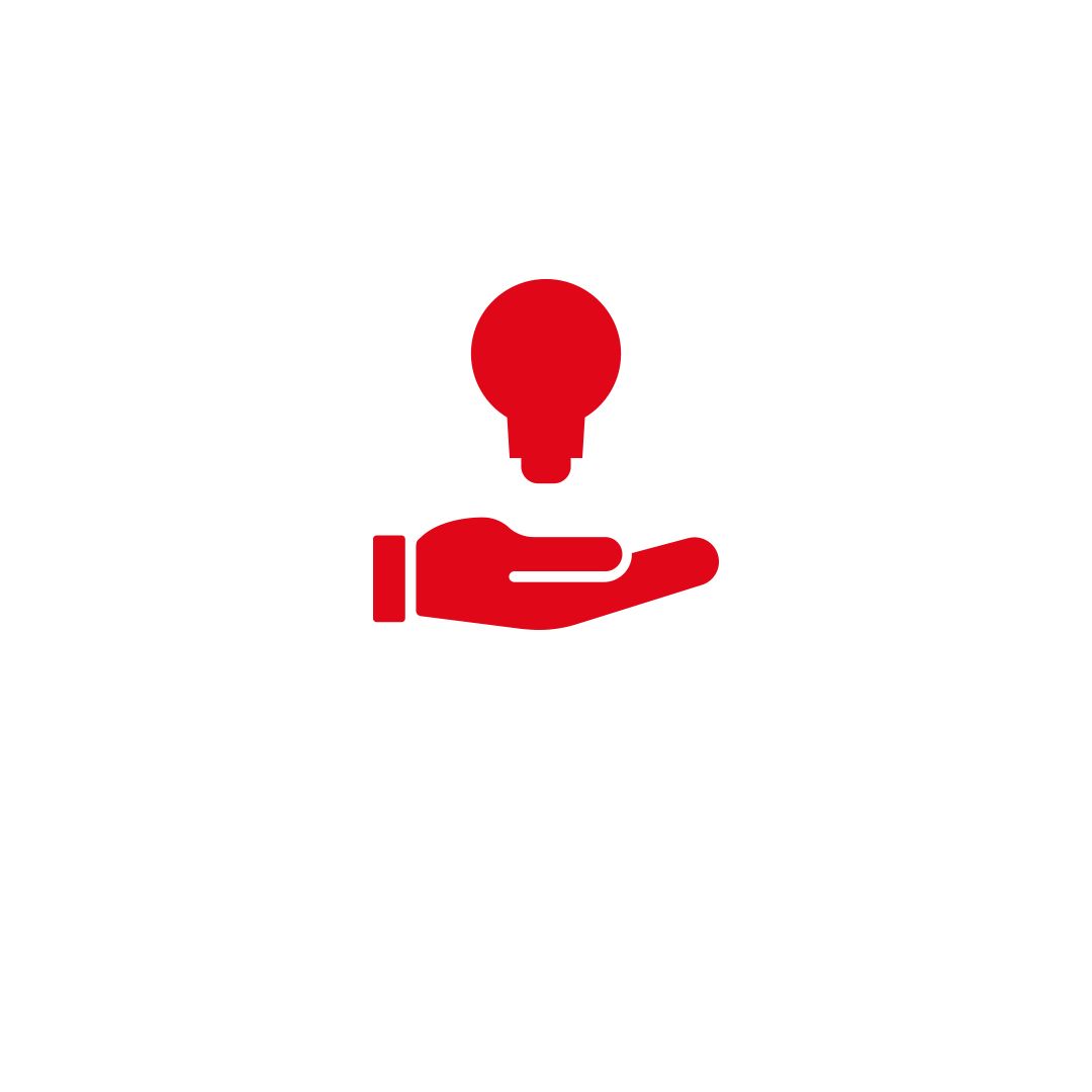 Red hand icon holding a light bulb on a light beige background, symbolizing innovation or ideas.
