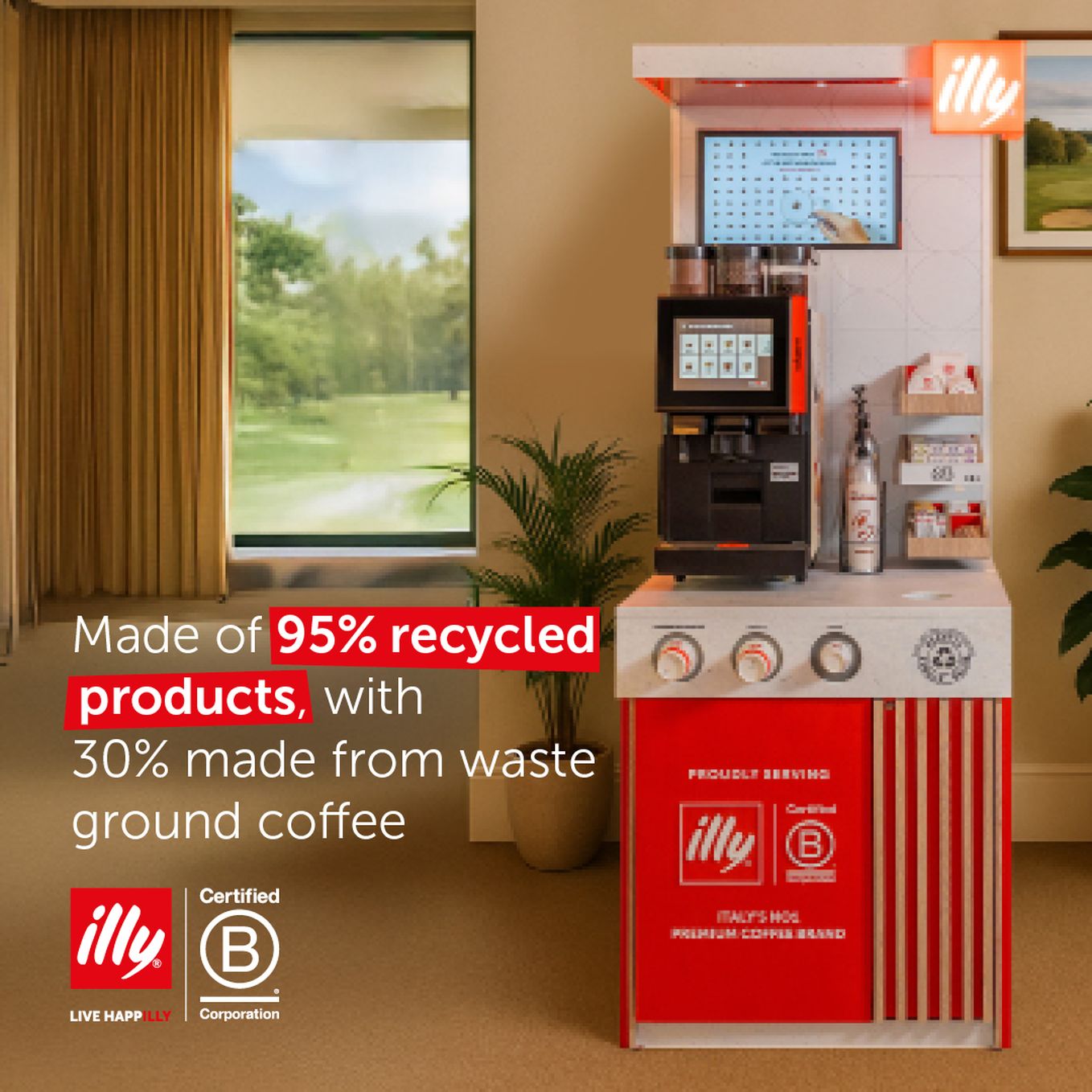 illy “on the go” coffee station in a lounge environment with text highlighting that the station is made of 95% recycled products, including 30% made from waste ground coffee.