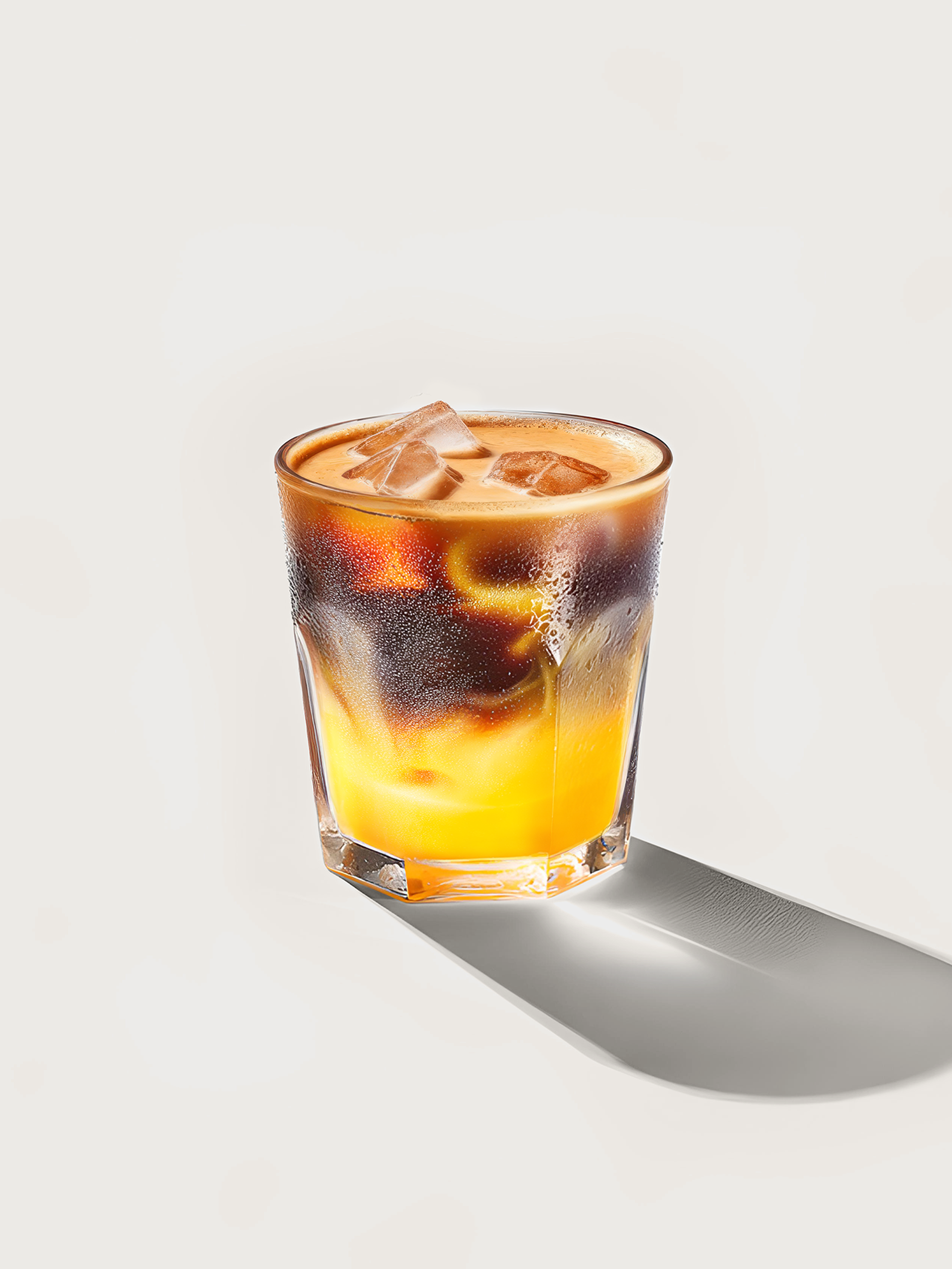 A glass of iced coffee with a vibrant yellow-orange layer, topped with ice cubes, casting a shadow on a white background.