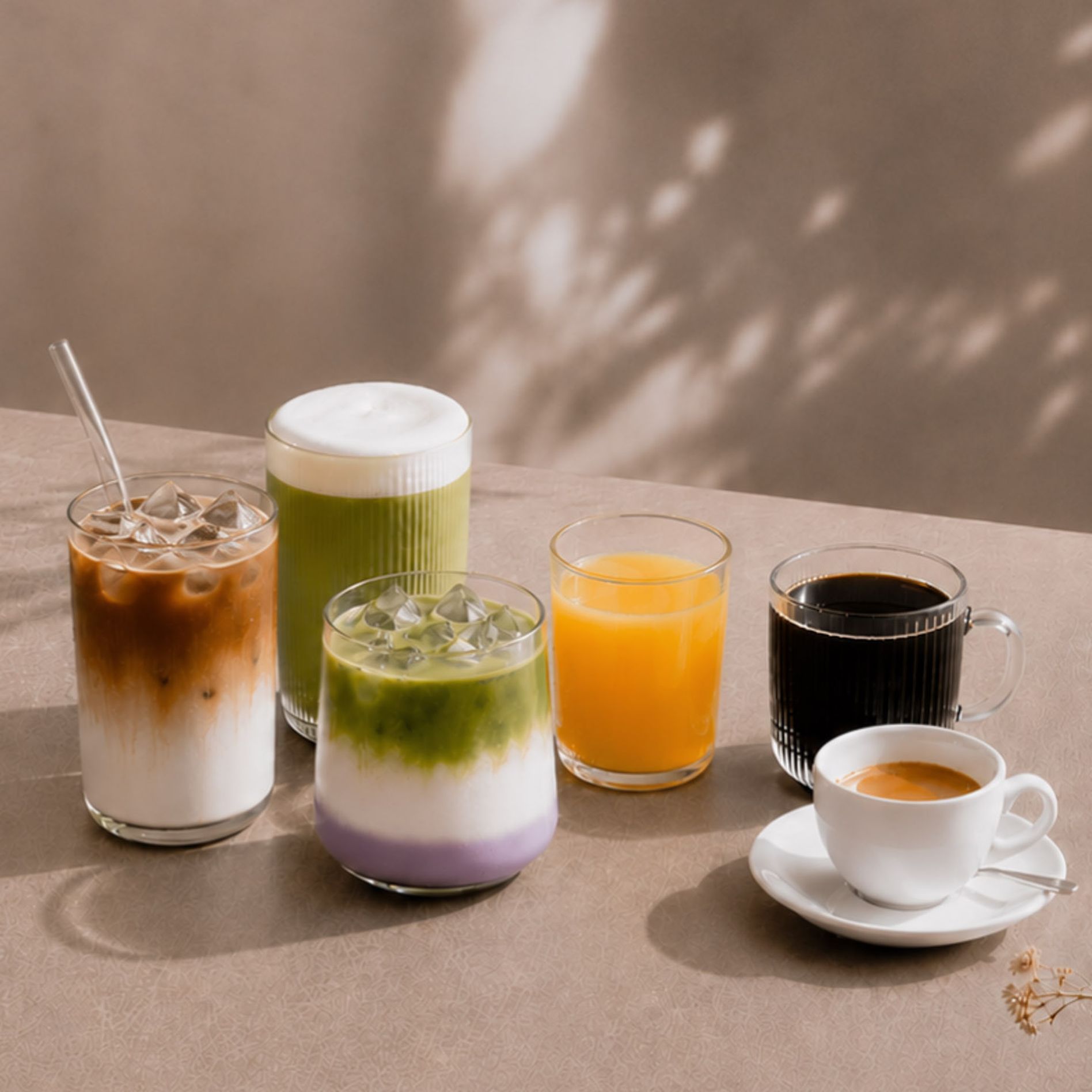 coffee, juice and matcha beverages