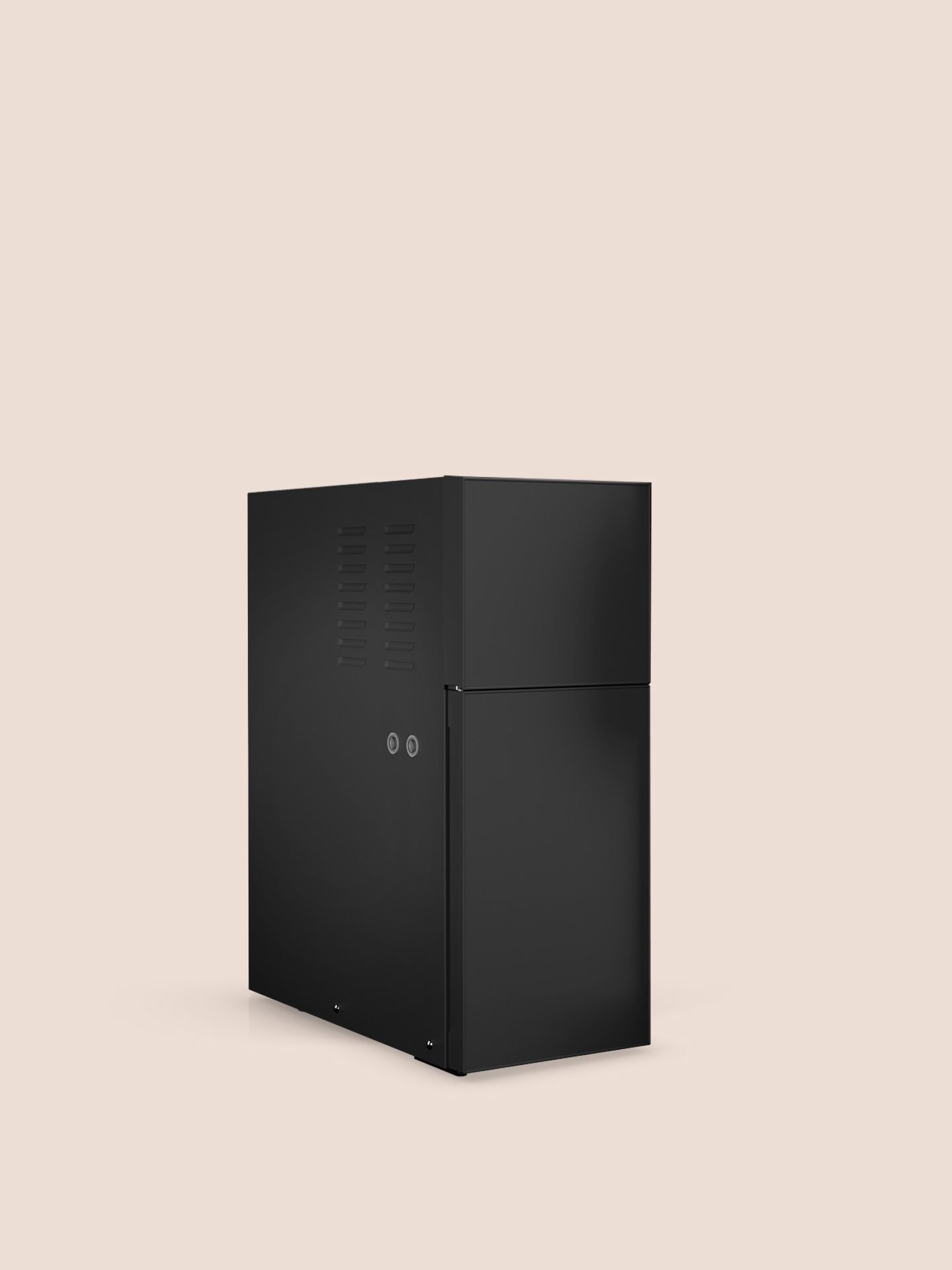 Schaerer Beistellkühleinheit in schlichtem schwarzem Design mit einer Kapazität von 1 x 7 Litern Milch, seitliche Ansicht.