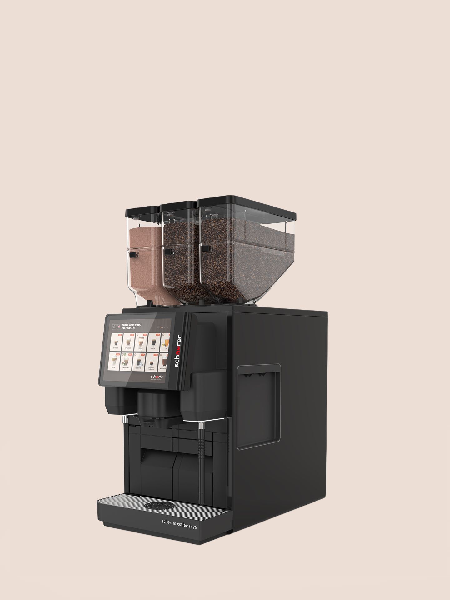 A sleek black coffee machine with a digital touchscreen and dual transparent hoppers filled with coffee beans, set against a beige background.