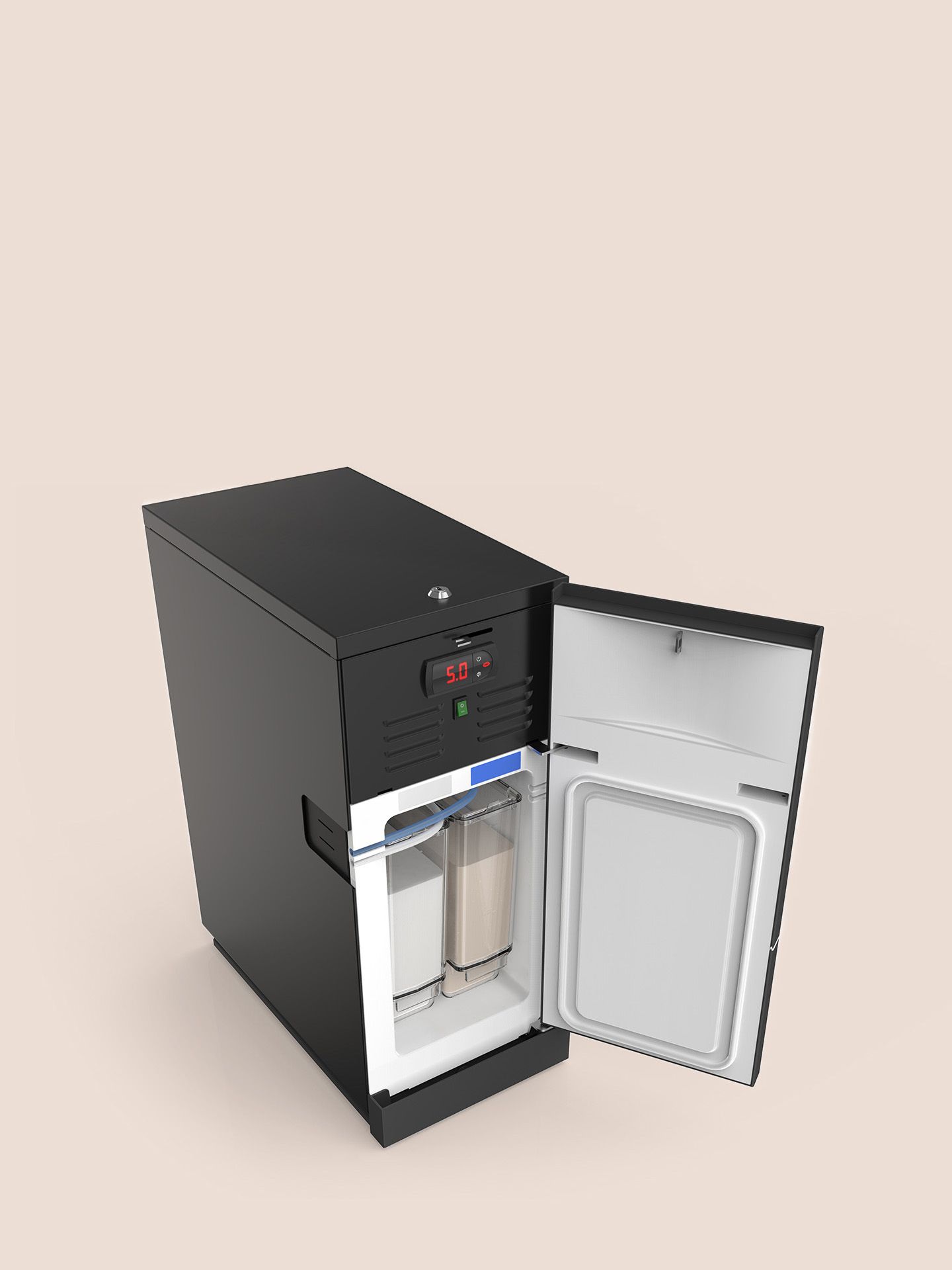 Geöffnete Schaerer Twin Milk Kühleinheit in Schwarz mit digitaler Temperaturanzeige und zwei separaten Milchbehältern im Inneren.