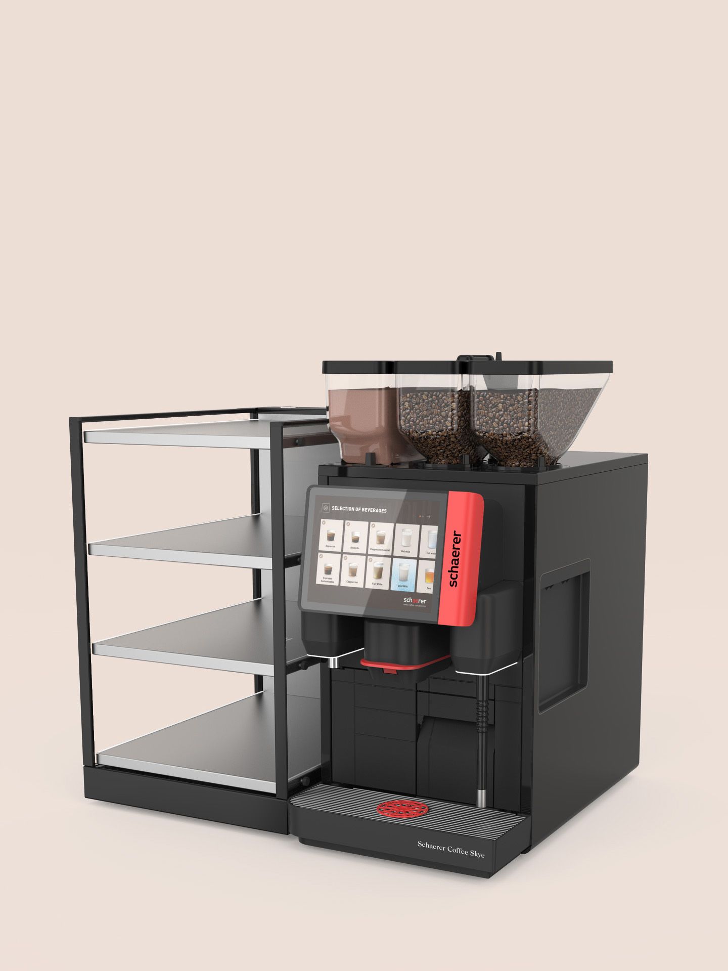 Schaerer Coffee Skye Kaffeemaschine ergänzt durch eine breite Tassenwärmereinheit mit mehreren beheizten Ablageflächen.