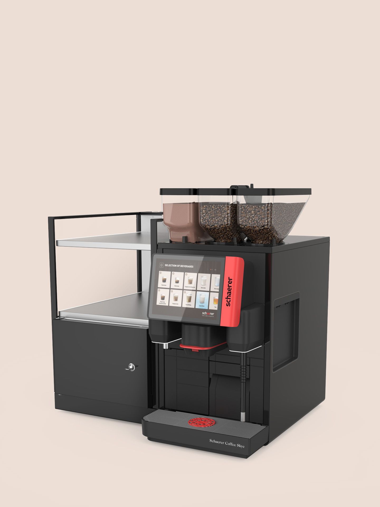 Schaerer Coffee Skye Kaffeemaschine mit breiter Cup & Cool Beistelleinheit, ausgestattet mit seitlichen Ablageflächen für Tassen und gekühltem Stauraum.