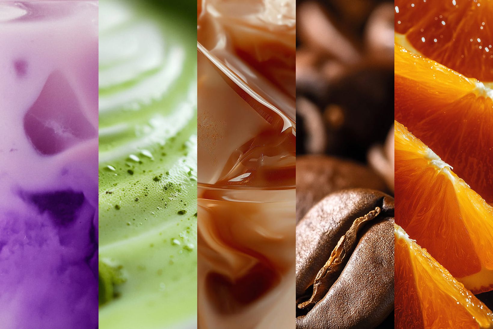 Close-up of various textures: purple liquid with ice, green matcha foam, iced coffee, coffee beans, and orange slices.