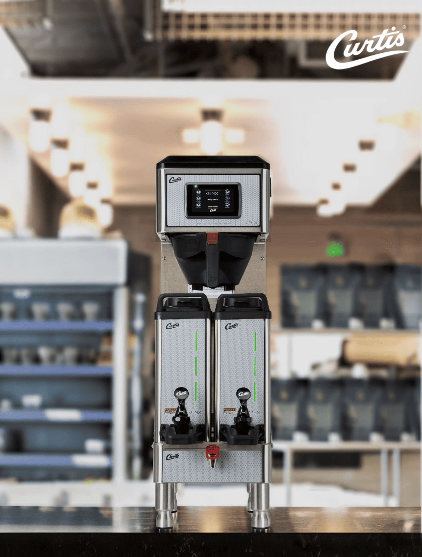 Commercial coffee machine in a modern cafe setting, featuring a digital display and dual coffee dispensers, with "Curtis" branding visible.