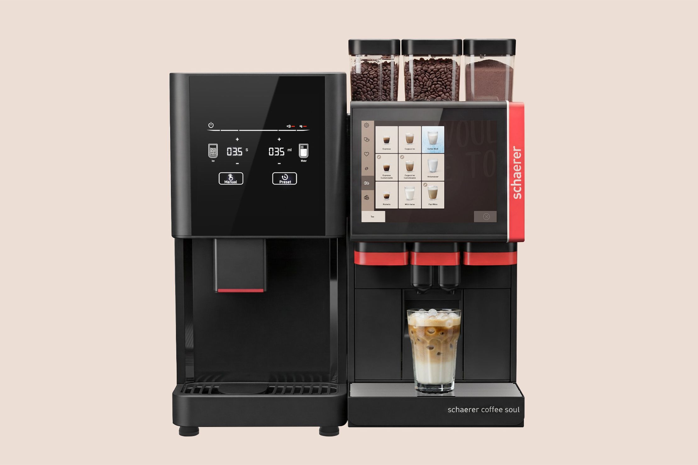 Schaerer Connected Ice solution - ice maker next to Schaerer Coffee Soul coffee machine