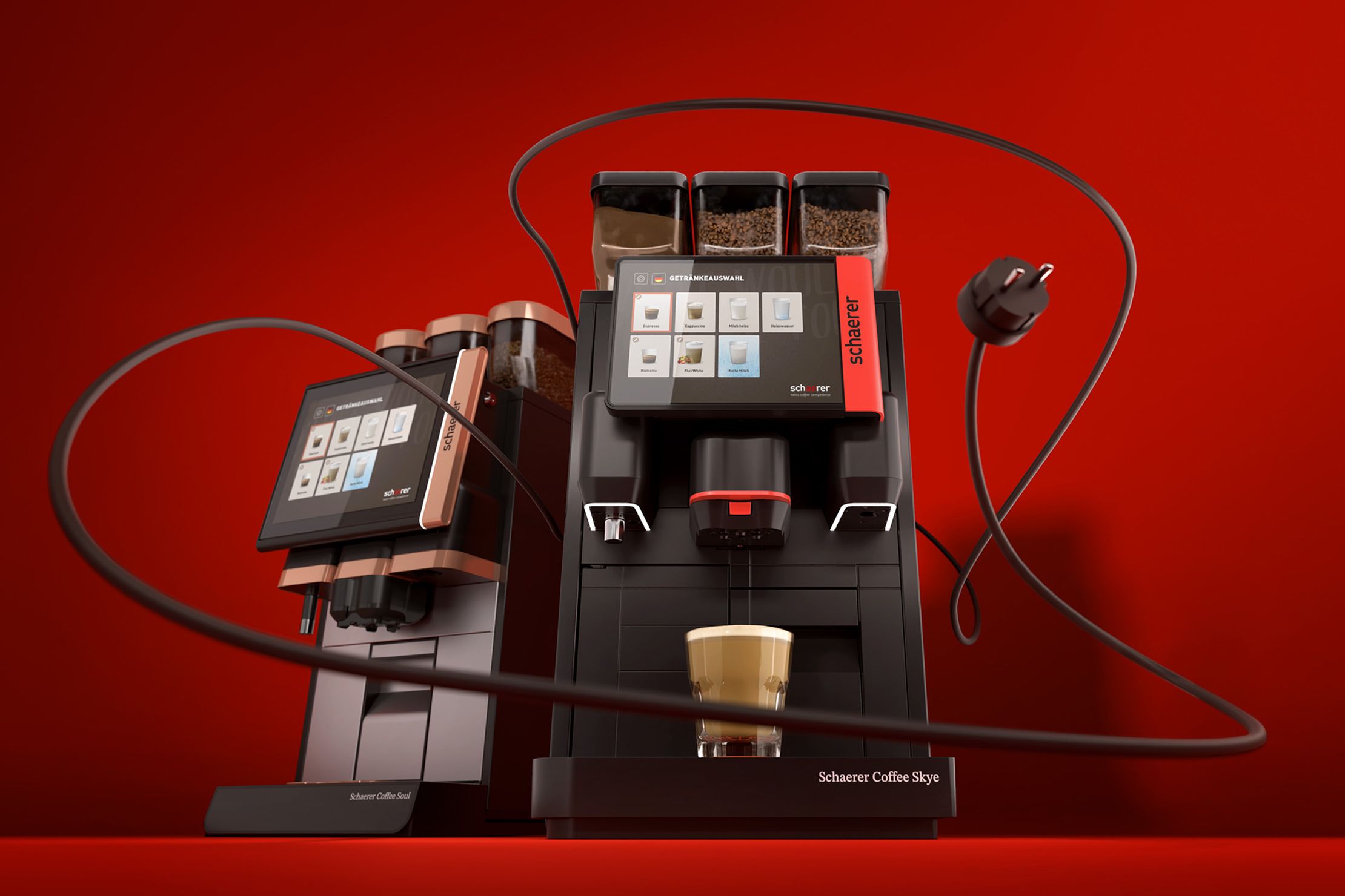 Frontalansicht der Schaerer Coffee Skye mit elegant geschwungenem Stromkabel im Vordergrund, neben der Schaerer Coffee Soul im Hintergrund.