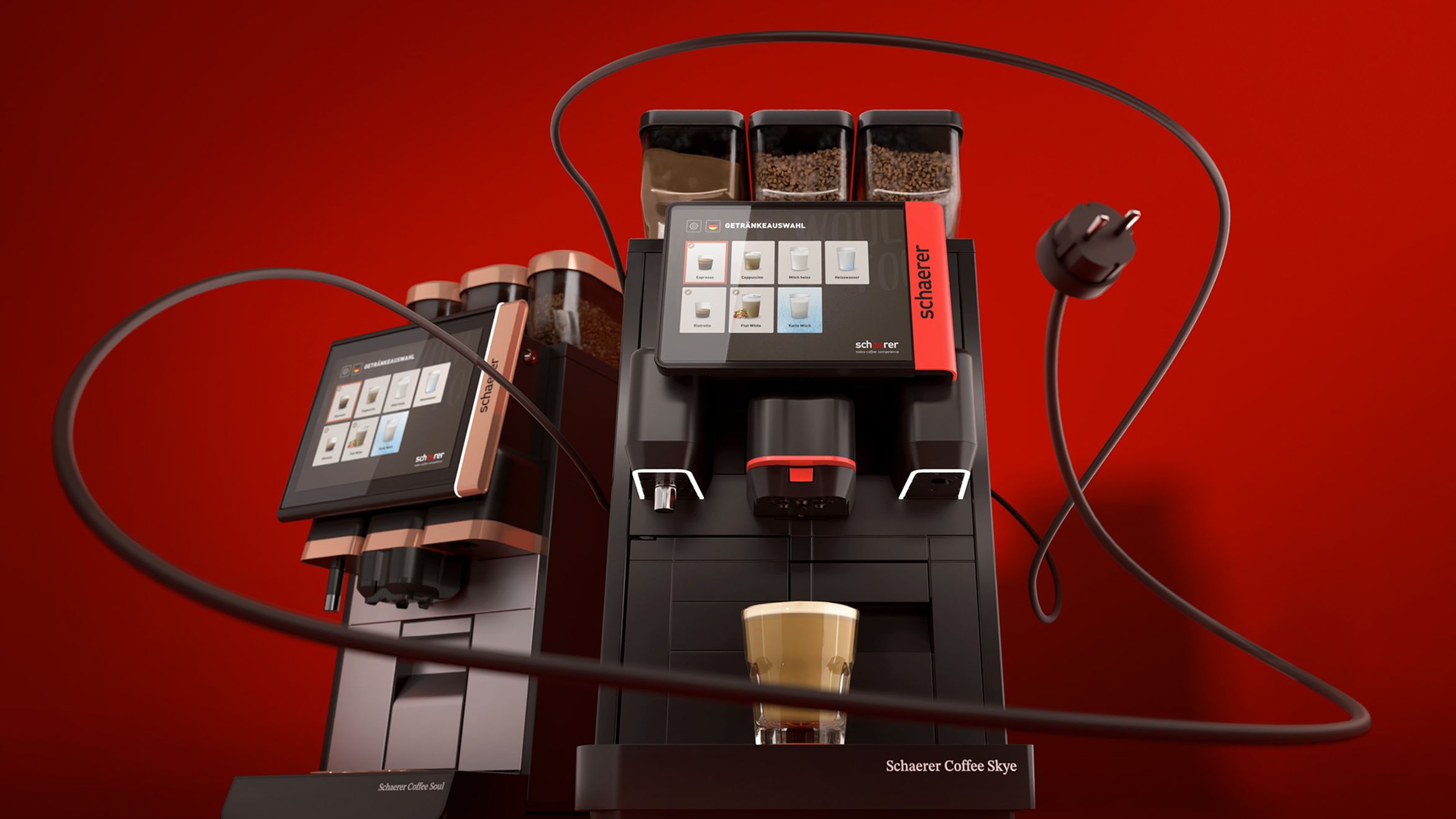 Frontalansicht der Schaerer Coffee Skye mit elegant geschwungenem Stromkabel im Vordergrund, neben der Schaerer Coffee Soul im Hintergrund.