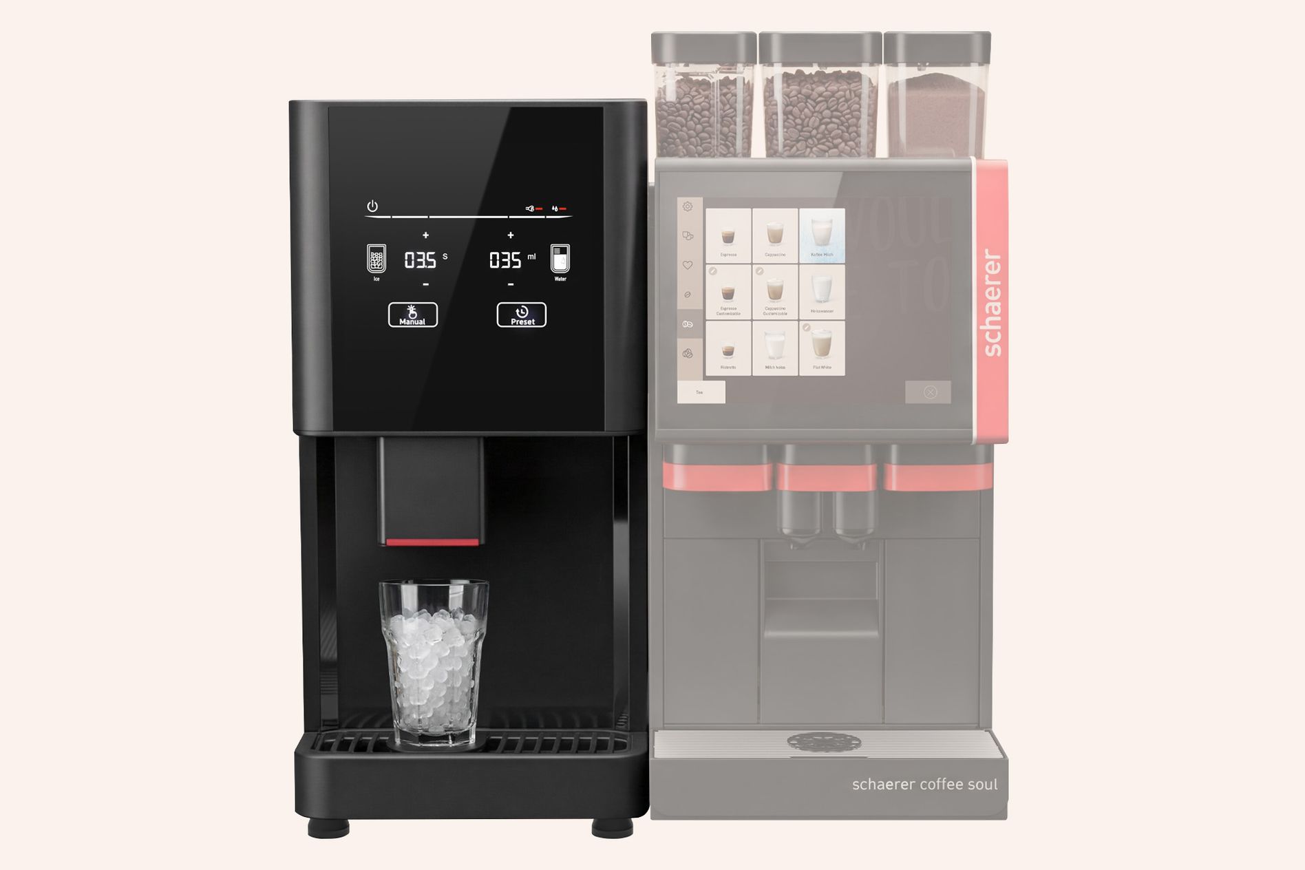 Schaerer Connected Ice solution - ice maker next to Schaerer Coffee Soul coffee machine