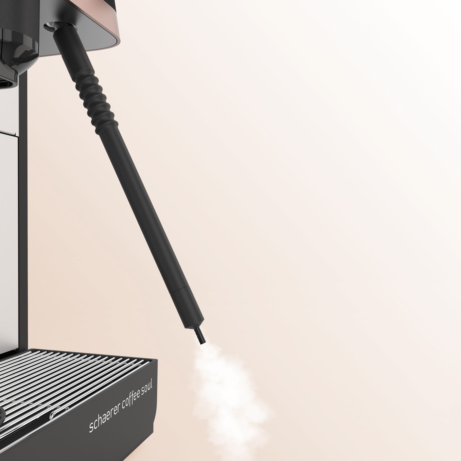 Close-up of a coffee machine's steam wand releasing steam, with a drip tray below. The machine is sleek and modern.