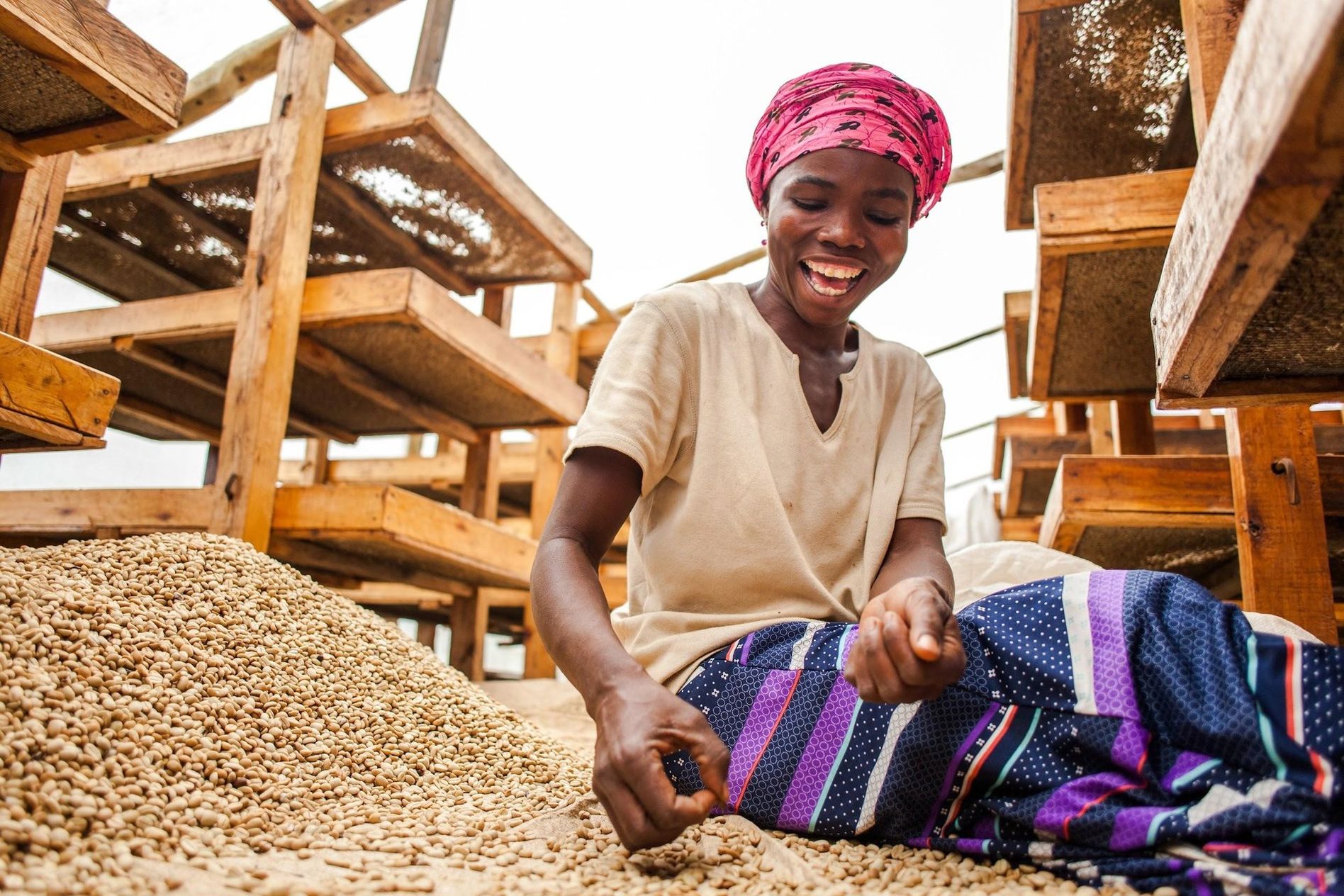 A smiling person in colorful attire sorts beans on the ground, surrounded by wooden drying racks.