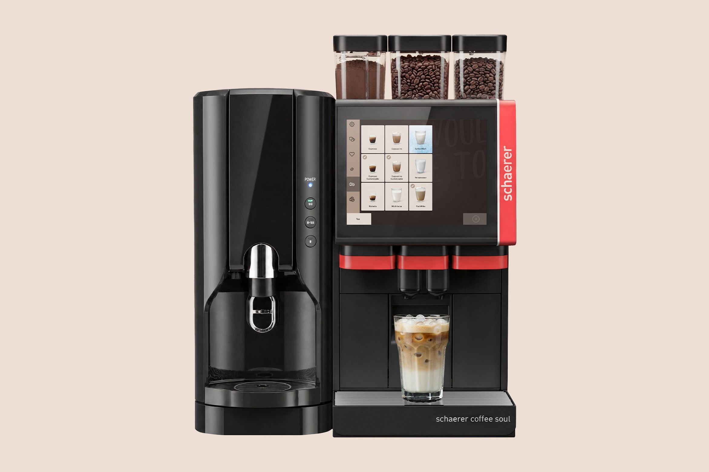 Schaerer Coffee Soul machine with touchscreen, coffee options, and a fresh beverage below, accompanied by a side milk dispenser.