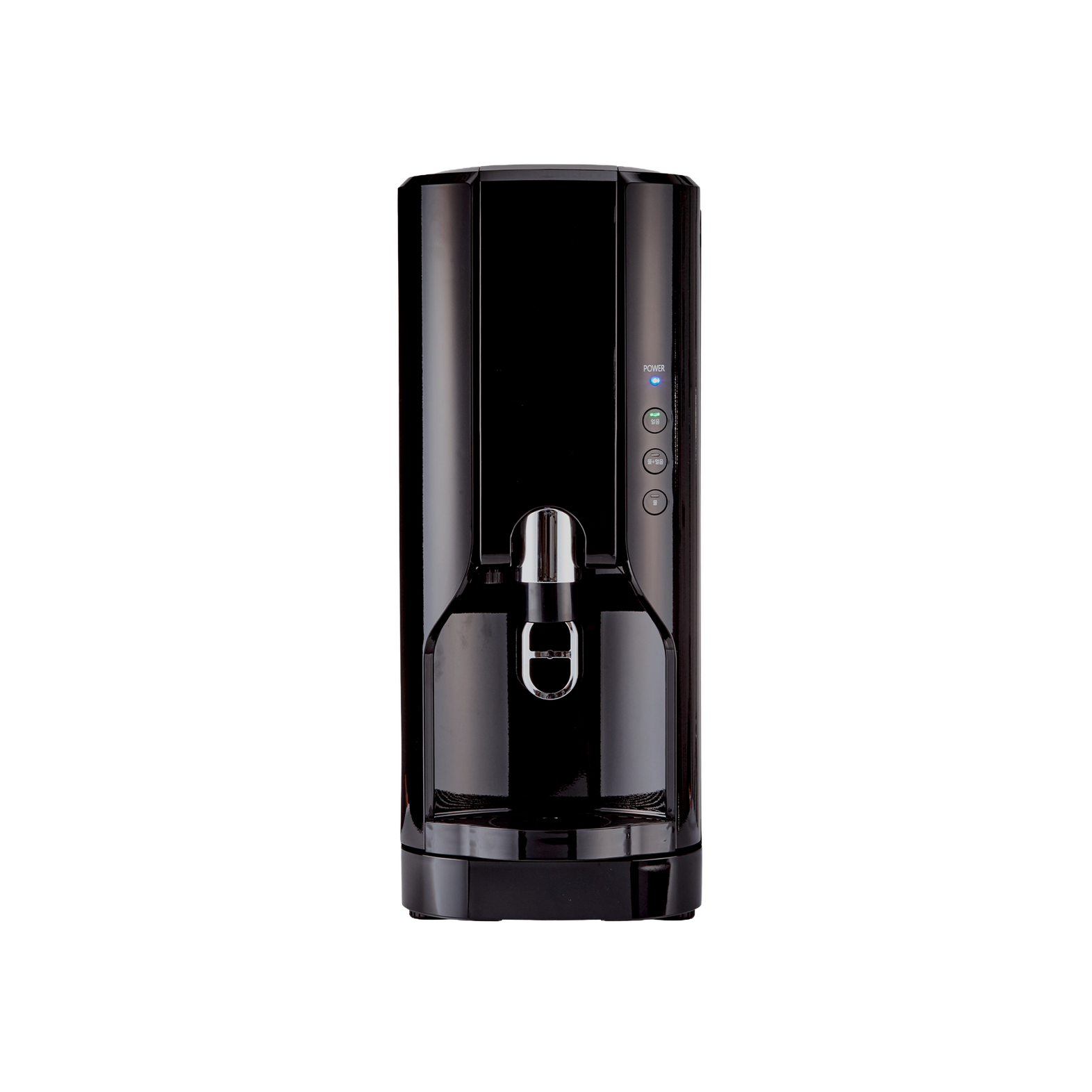 Sleek black standalone ice maker for dispensing ice, featuring buttons and a nozzle. Ideal for professional beverage service settings.