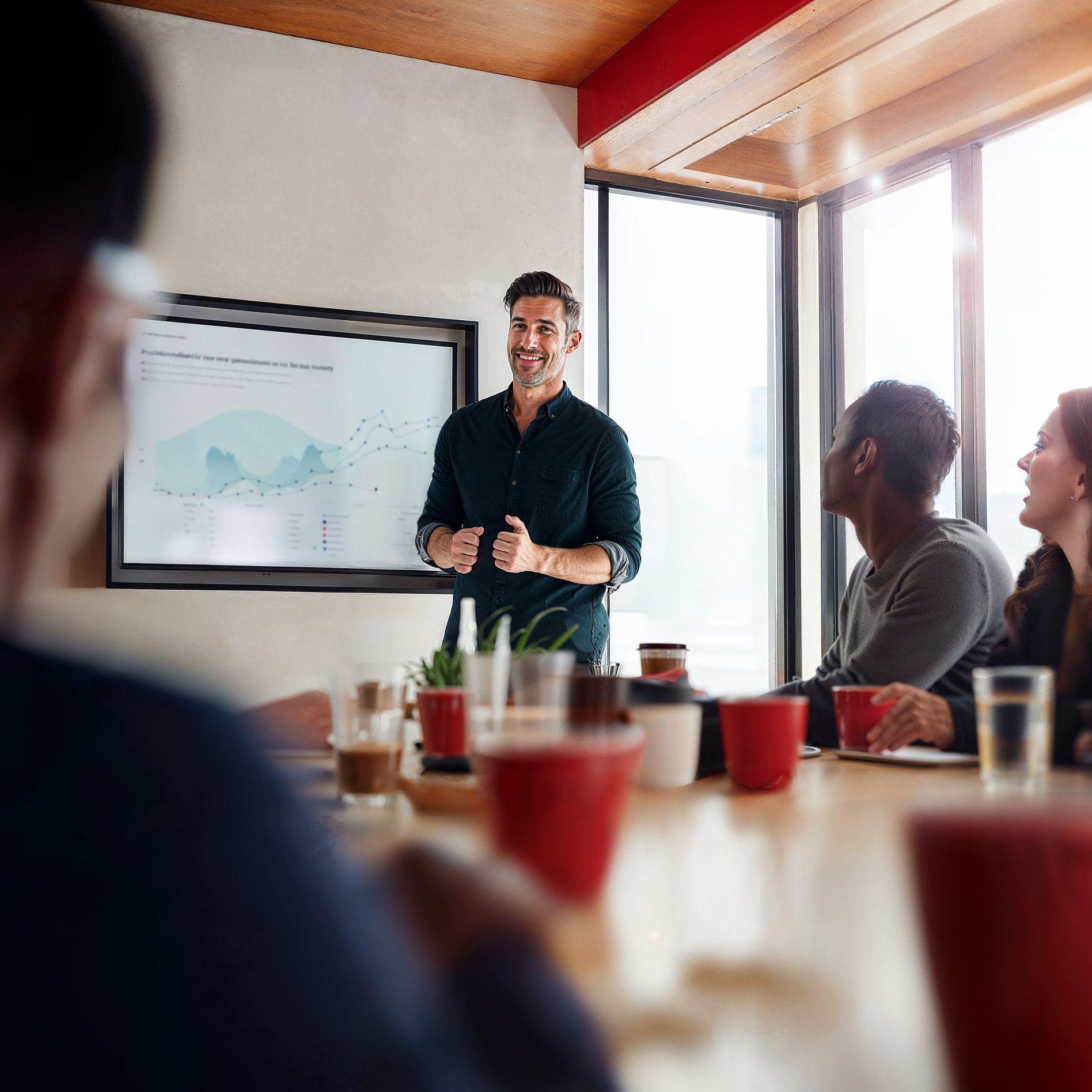 A man presents data on a screen to a group of people seated at a table in a bright conference room.