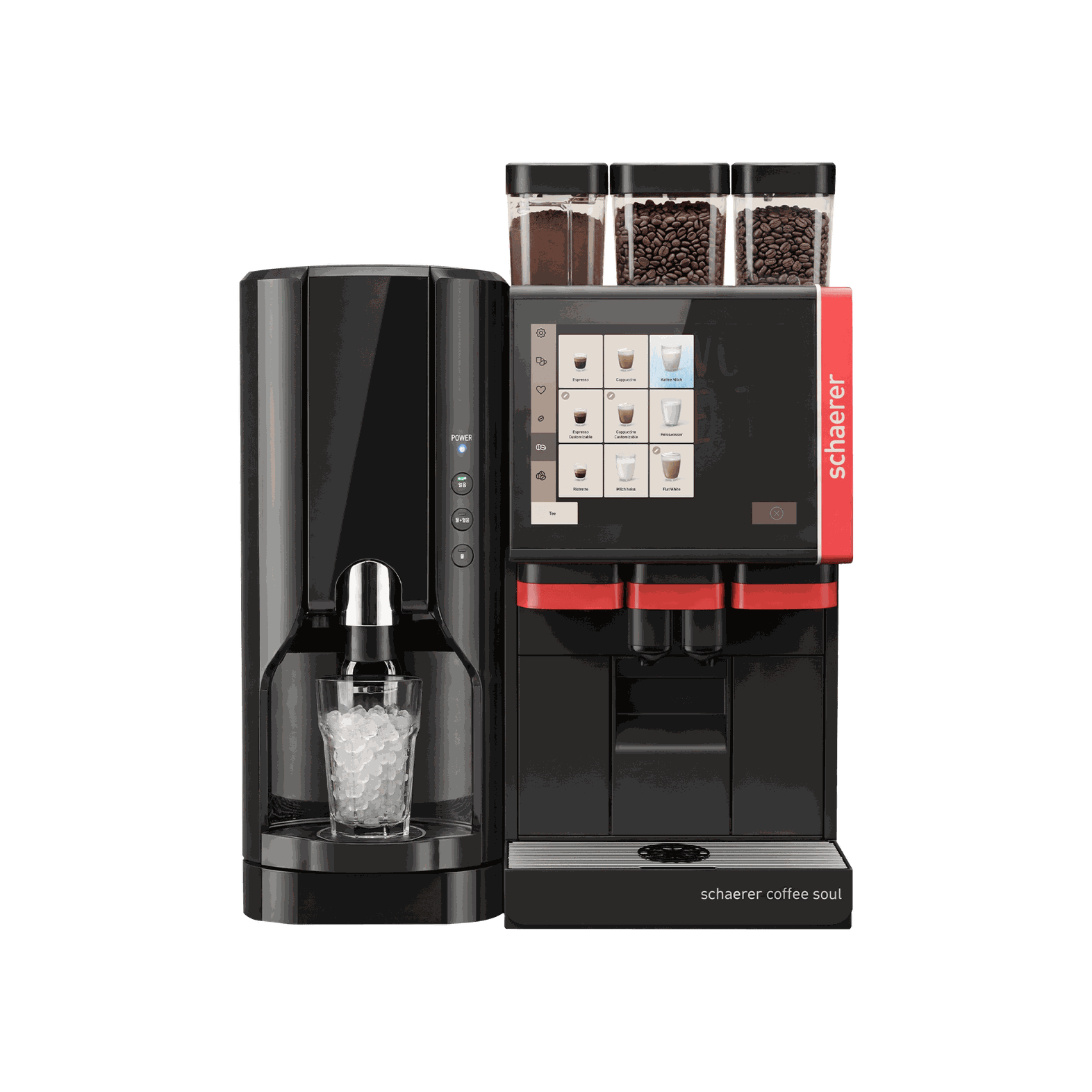 Schaerer Coffee Soul machine with touch display, bean containers, and ice dispenser, designed for professional coffee service.