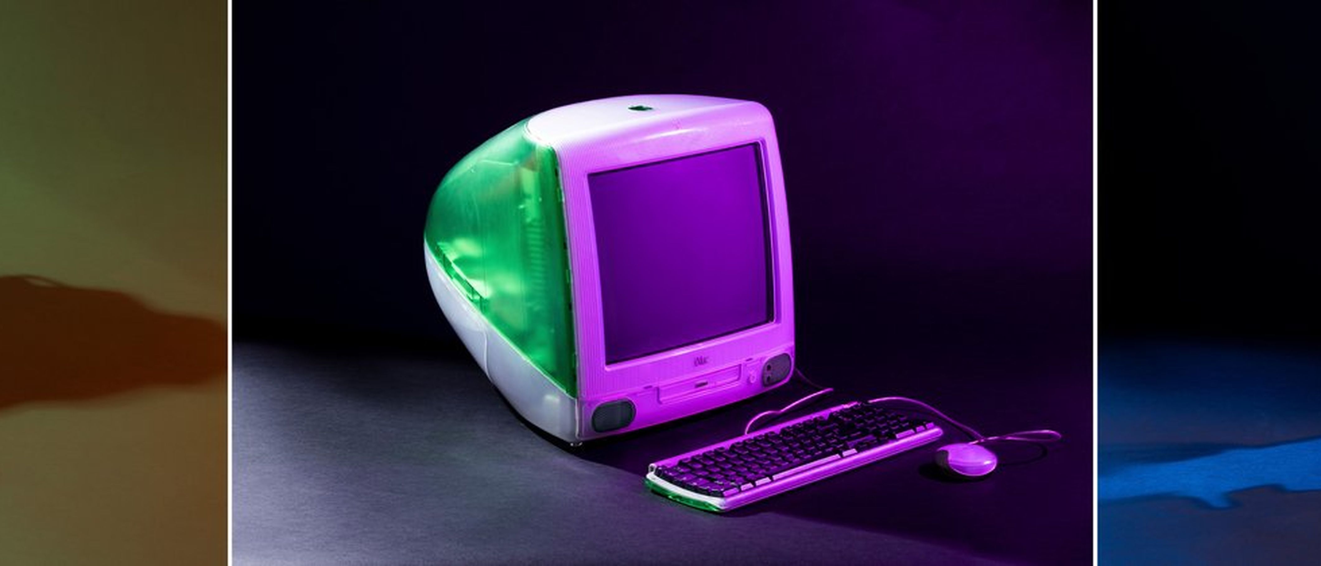 Three vintage items: a retro mobile phone, a colorful CRT computer, and a classic film projector, each lit with dramatic lighting.