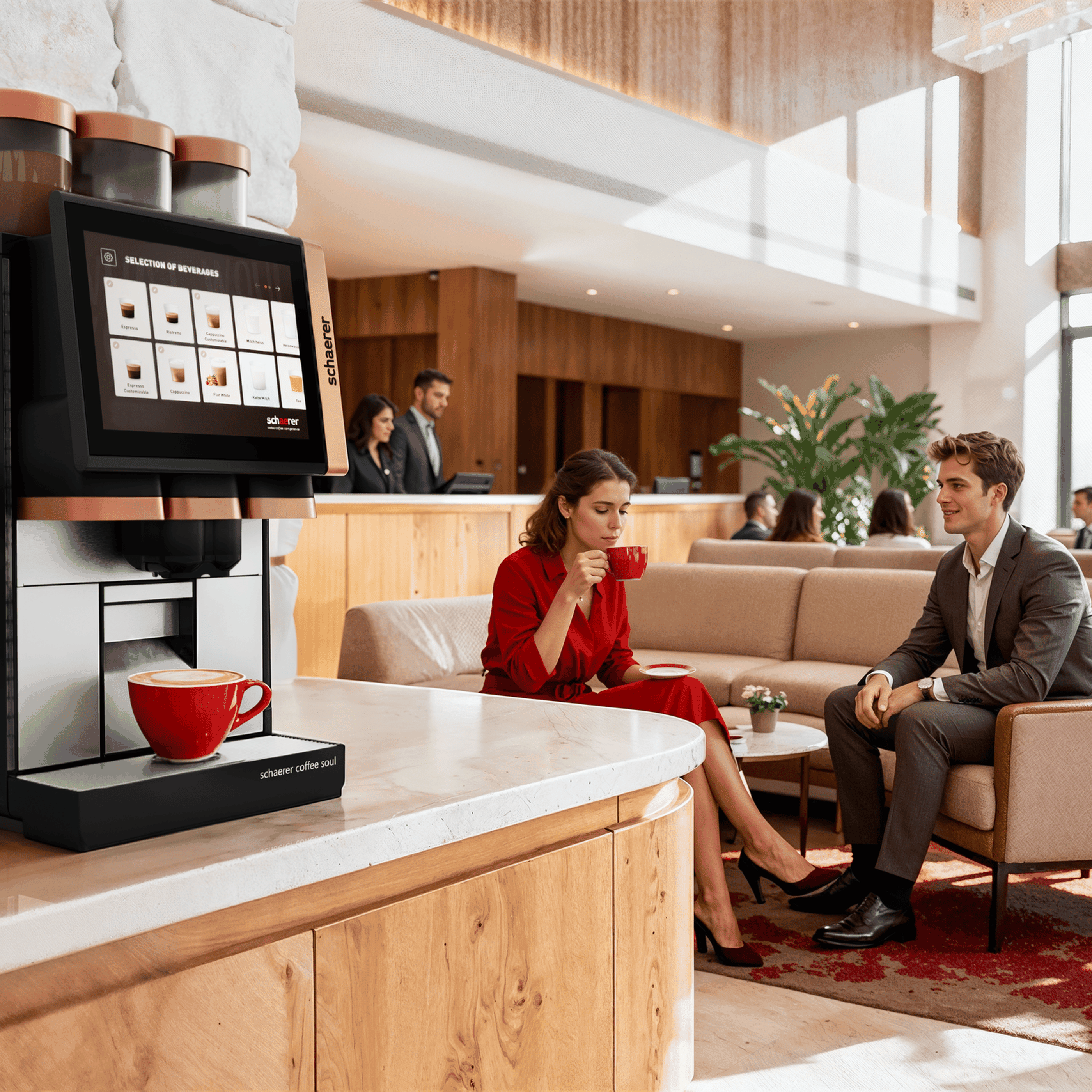 A Schaerer Coffee Soul machine in a stylish cafe setting, with two people enjoying coffee on a sofa nearby.
