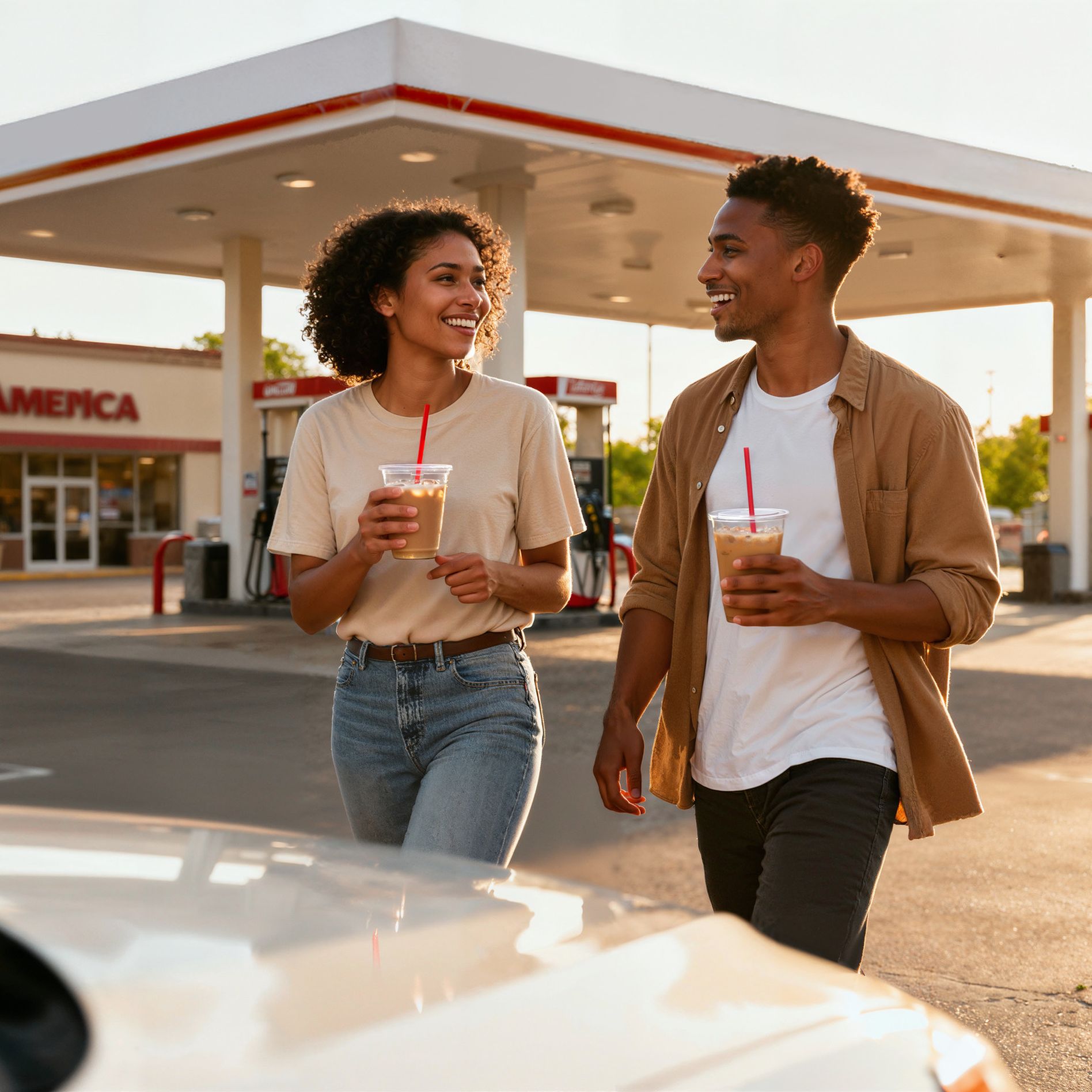 A smiling couple walks with iced coffees near a gas station, enjoying a sunny day.