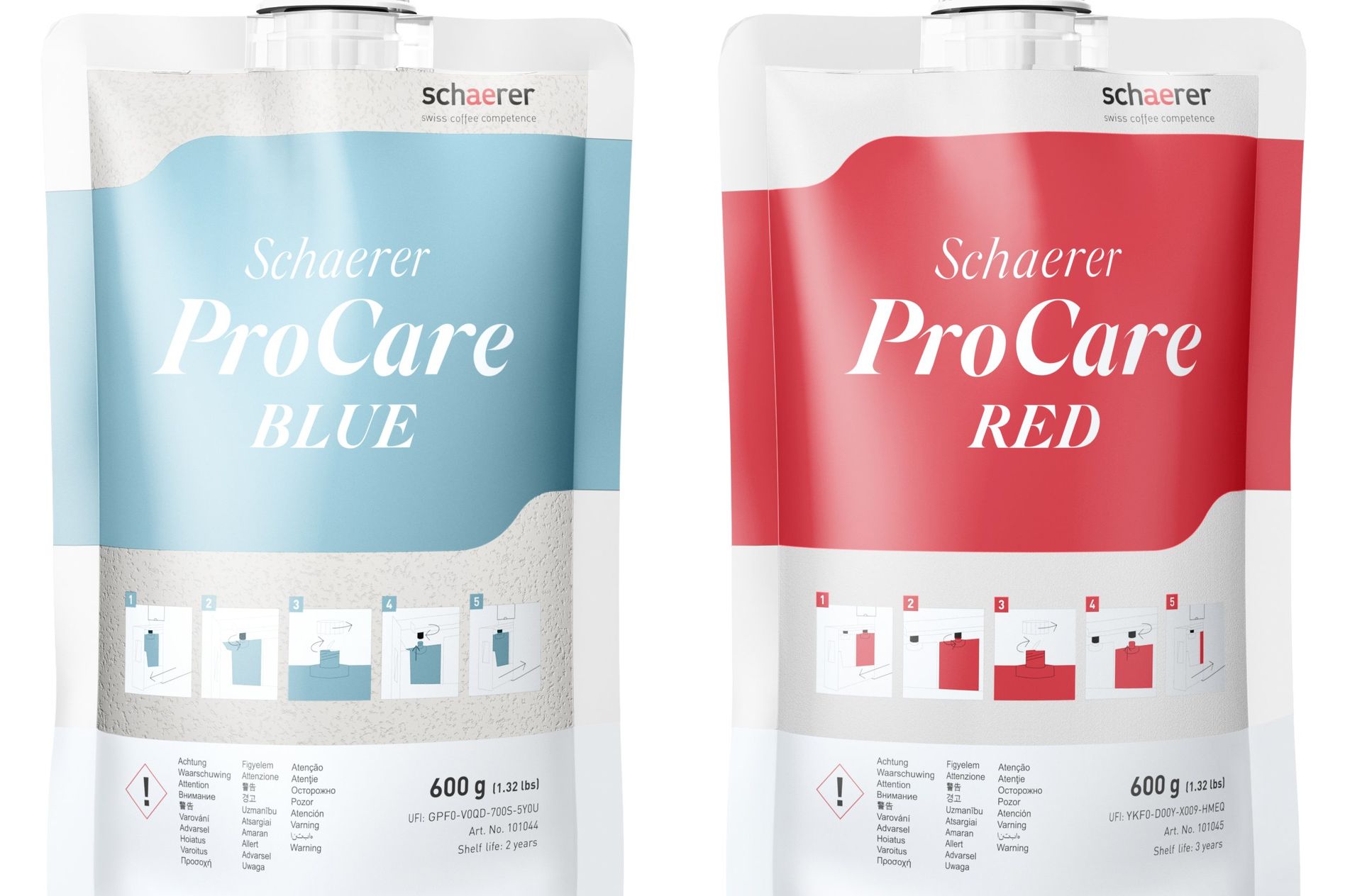 Two pouches labeled "Schaerer ProCare," one blue and one red, each containing 600g of cleaning product for coffee machines.