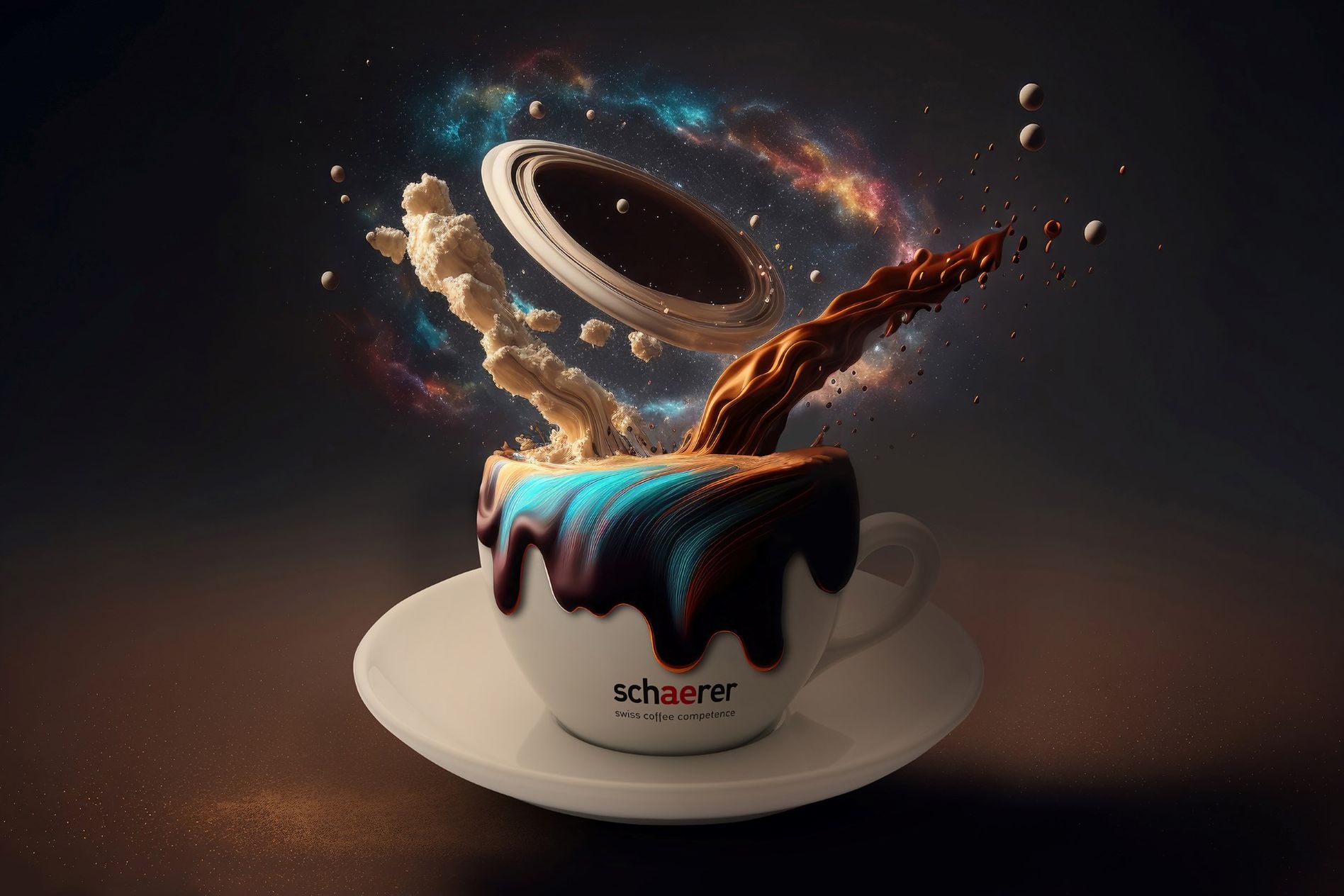 A coffee cup with swirling liquid resembling a galaxy, featuring a ringed planet and cosmic elements, on a saucer labeled "schaerer."