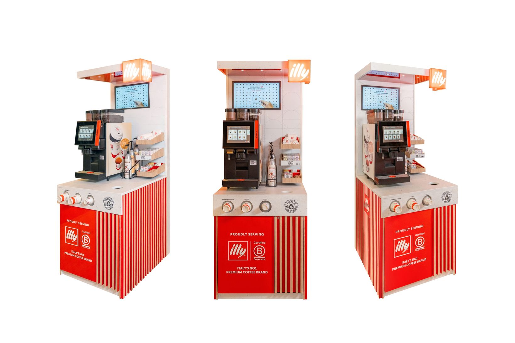 Three views of a red and white Illy coffee vending machine with touchscreen interface and cup dispenser.