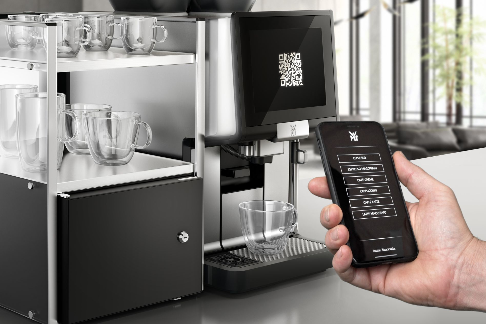 Coffee machine with touchscreen, displaying QR code, controlled by smartphone app. Cups and coffee beans visible. Modern kitchen background.