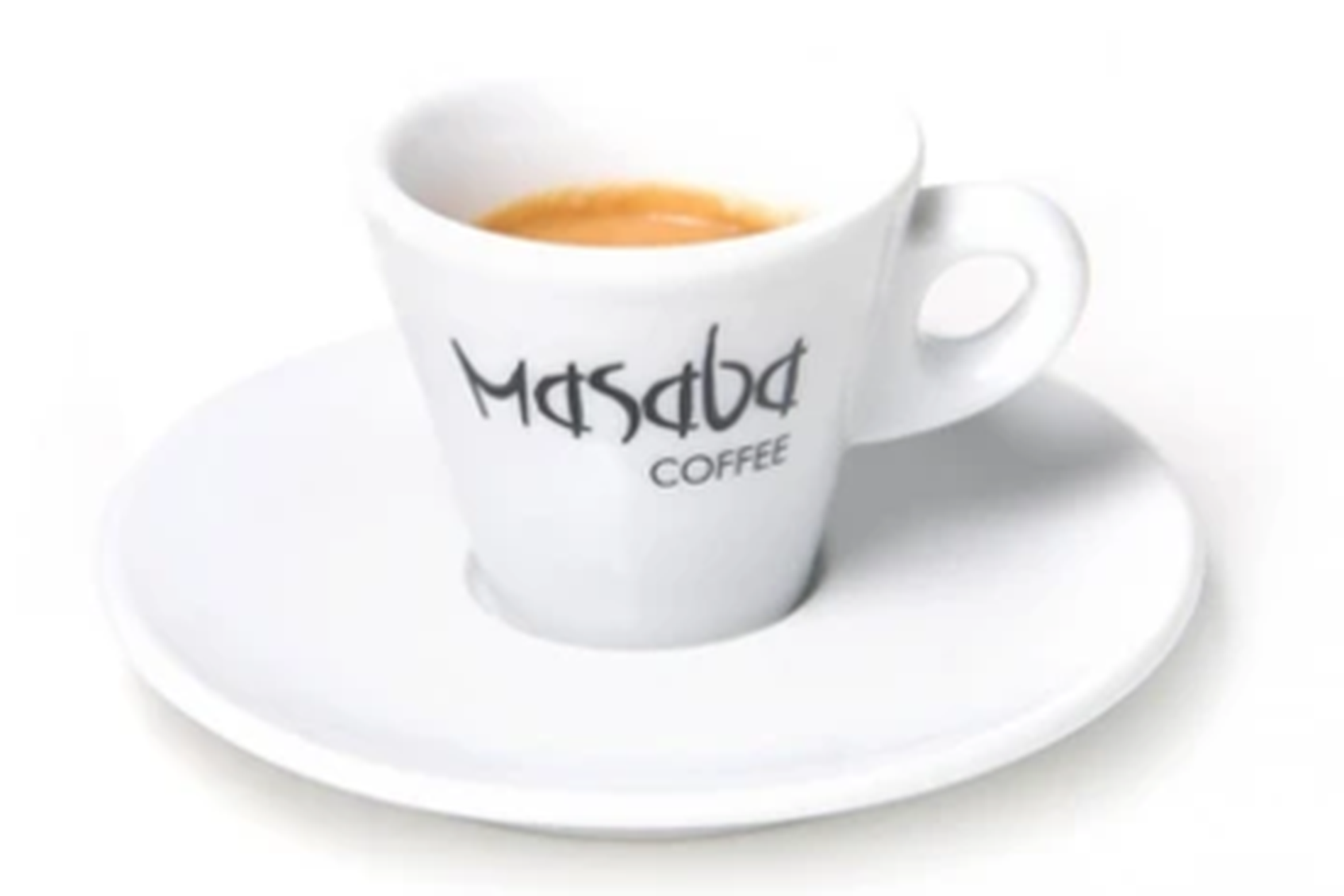 White espresso cup with "Masaba Coffee" logo, filled with coffee, on a matching saucer against a plain background.