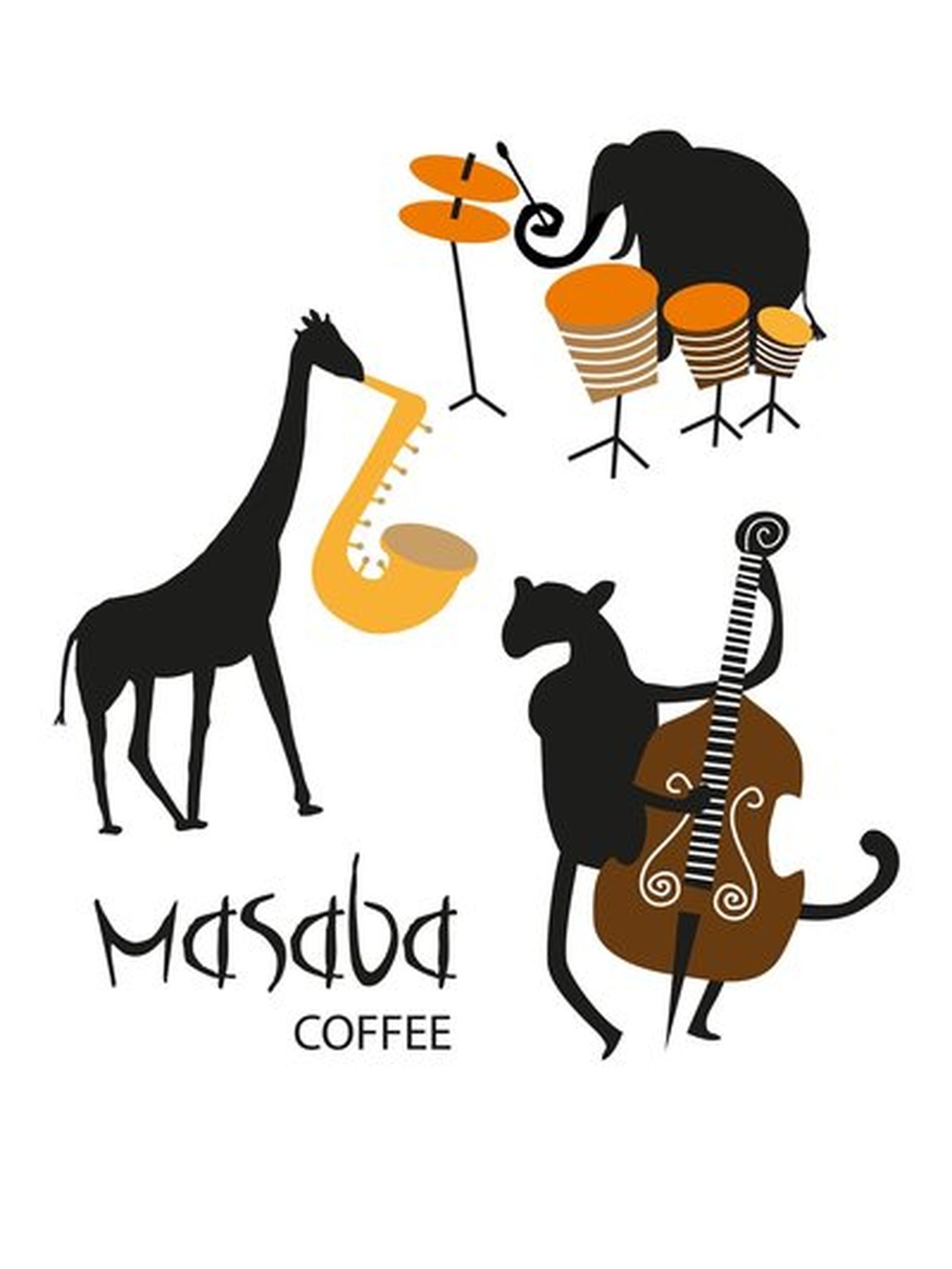 Stylized animals playing instruments: a giraffe with a saxophone, an elephant with drums, and a monkey with a cello. Text reads "Masaba Coffee."