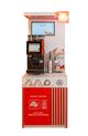 Front view of the illy “on the go” coffee station with a Schaerer coffee machine, digital display, cup and accessory shelves, syrup bottle, branded counter controls and prominent illy and B Corp branding.