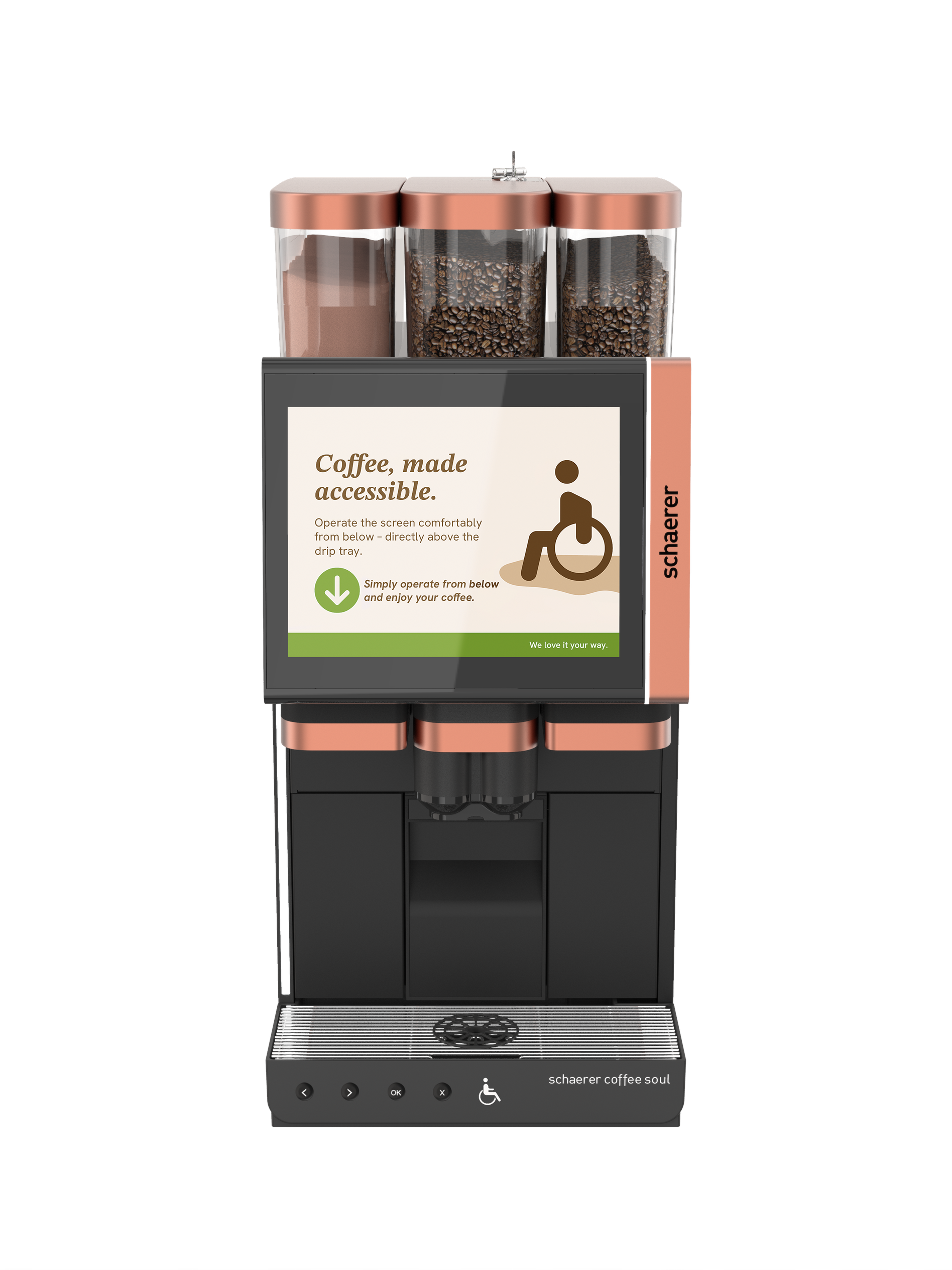 Schaerer Coffee Soul machine with accessibility features, dual bean hoppers, and touch screen interface for hospitality professionals.