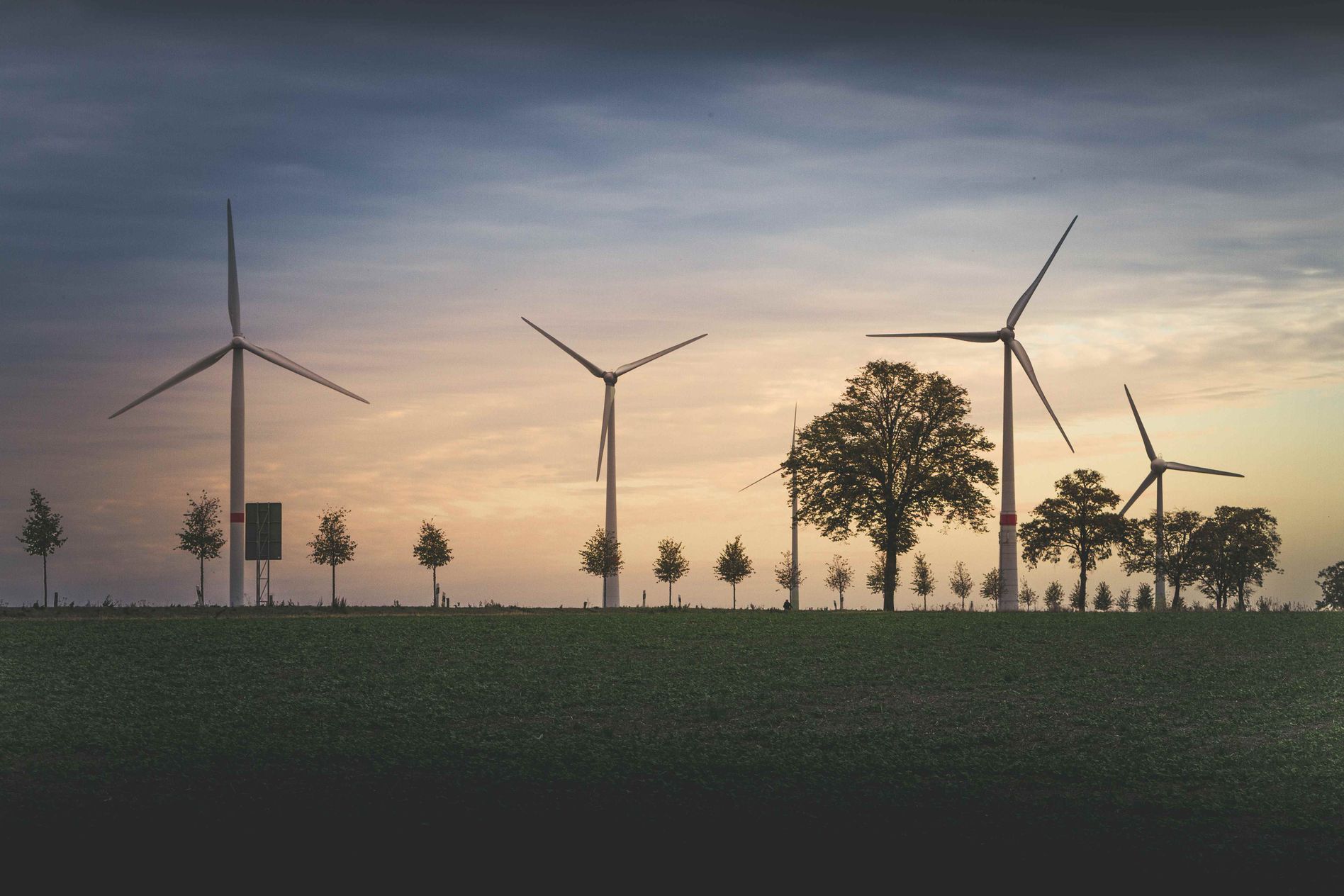 Wind turbines at sunset in a field, with scattered trees and a cloudy sky in the background.