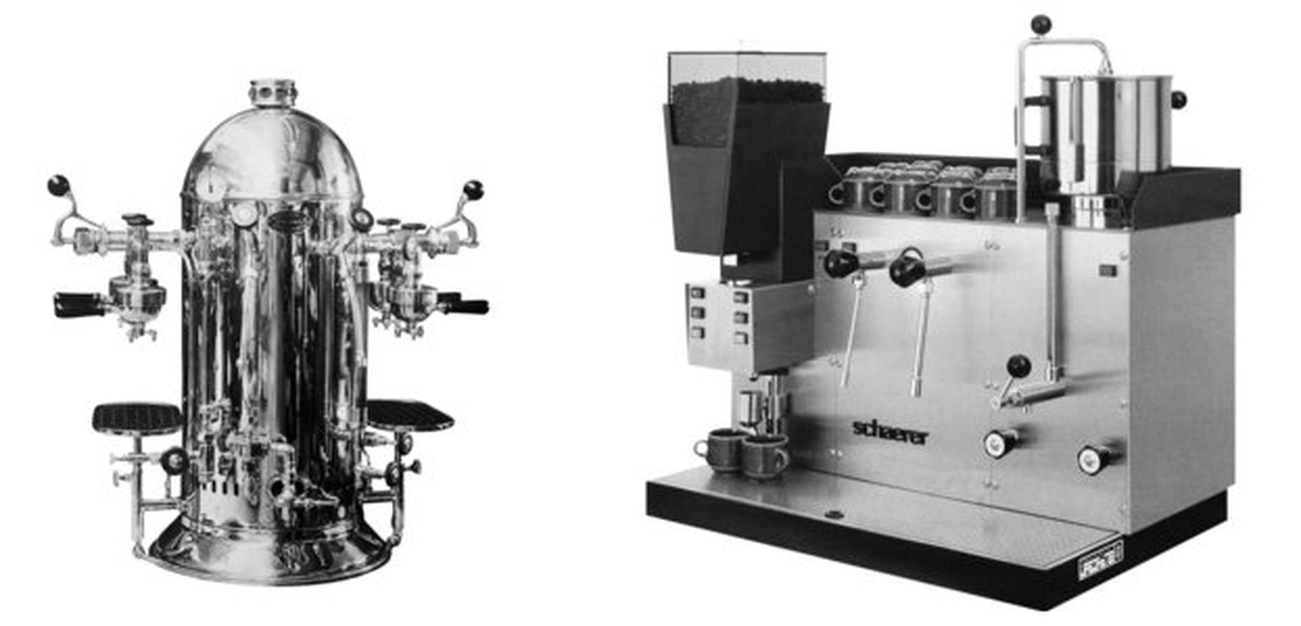 Two vintage espresso machines: one ornate and cylindrical, the other boxy and modern, both in black and white.