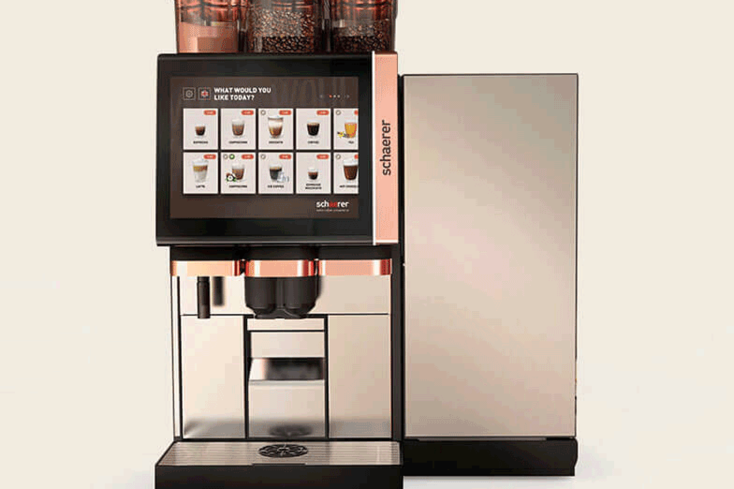 Front view of a Schaerer coffee machine with a touchscreen displaying various coffee drink options.