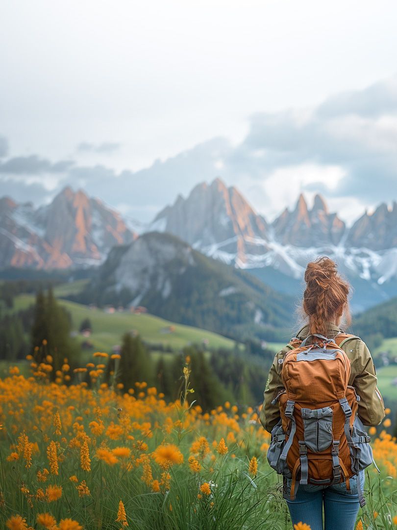 Person with a backpack stands in a field of yellow flowers, overlooking a mountain range under a cloudy sky.