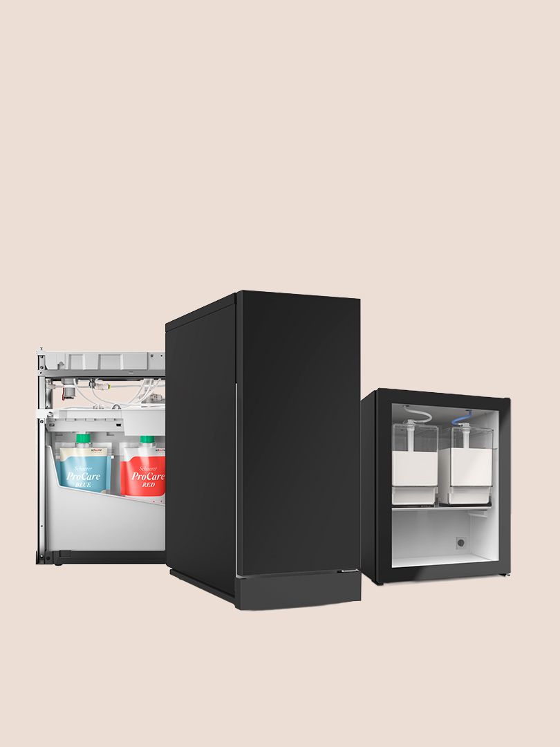 Three black beverage dispensers against a light background, with visible internal compartments and colorful drink containers.