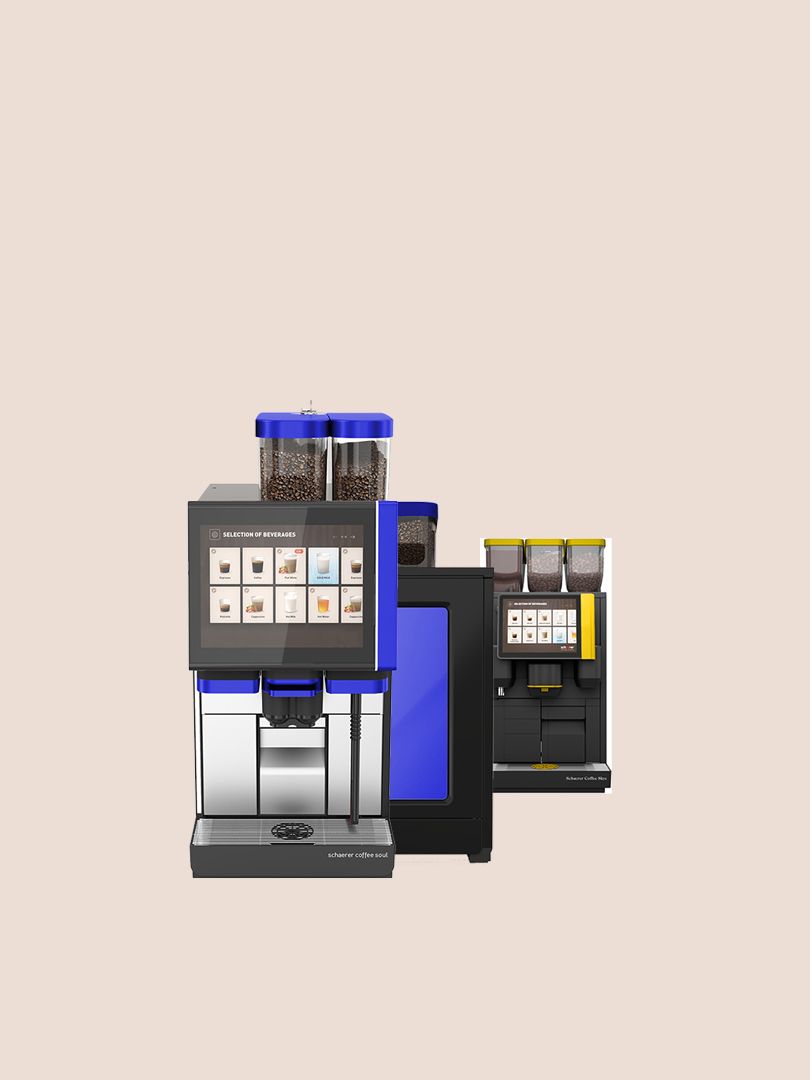 Modern coffee machine with digital display, showing beverage options. Two bean containers on top, sleek design with blue and black accents.