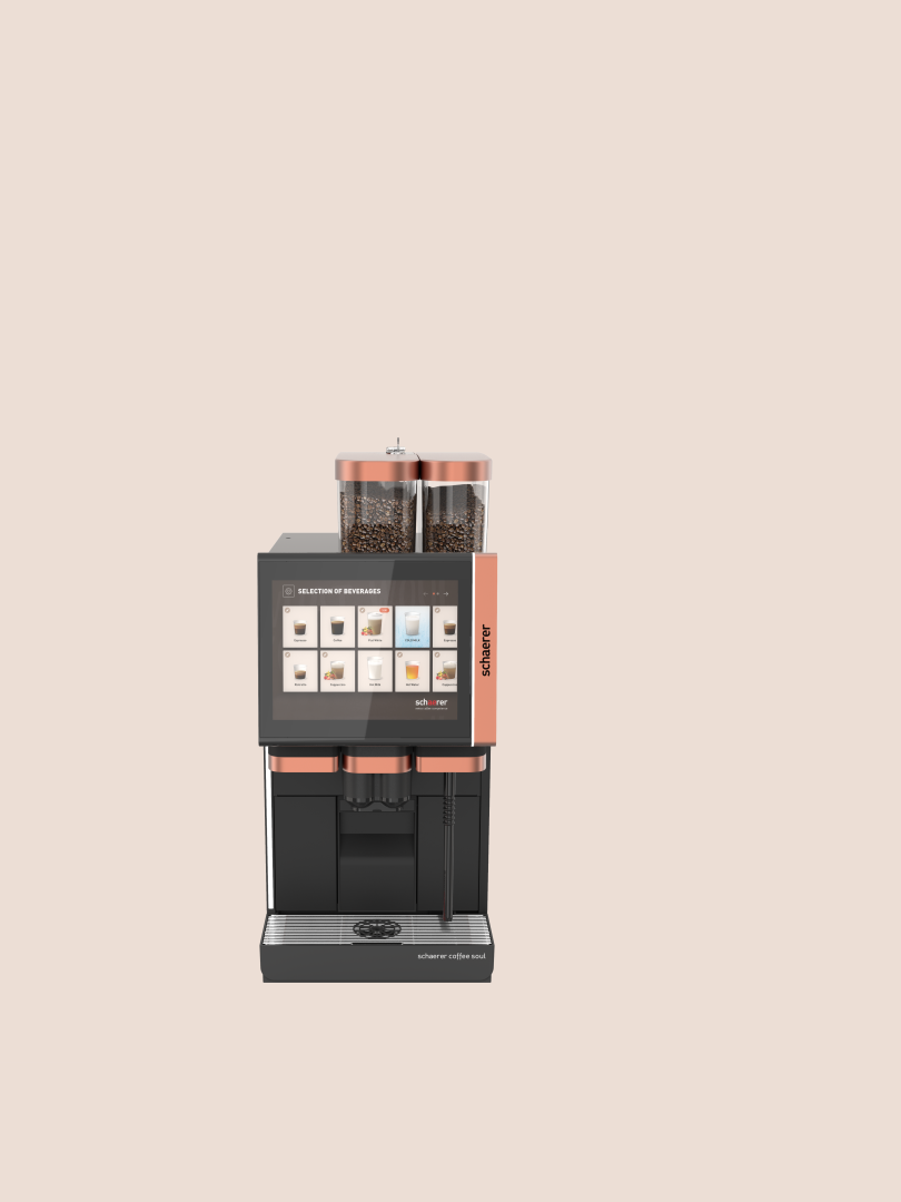 Modern coffee machine with a touchscreen interface, dual bean hoppers, and a sleek black and copper design against a beige background.