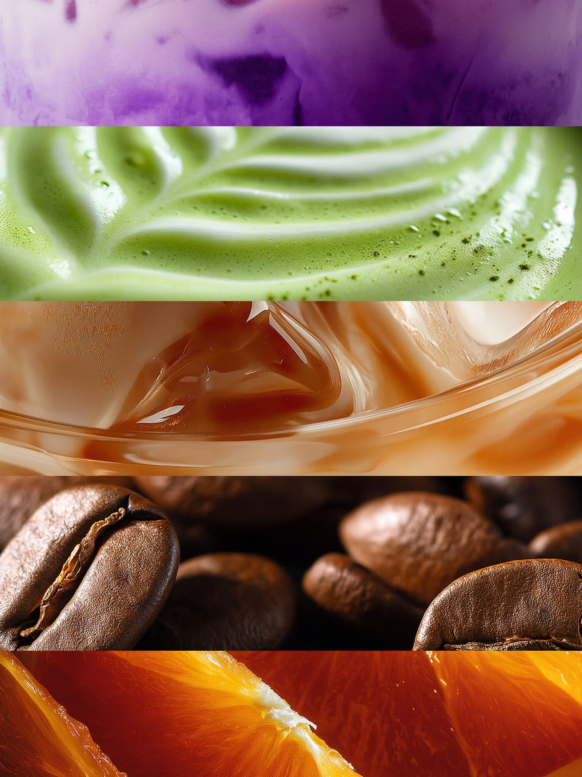 Close-up collage of vibrant beverages: purple iced drink, green latte, iced coffee, coffee beans, and orange slices.